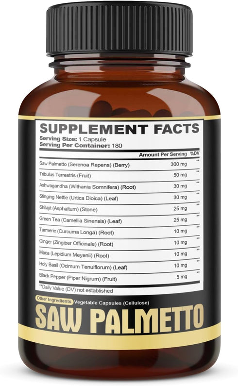 11in1 Saw Palmetto Capsules with Ashwagandha, Turmeric, Tribulus, Maca & More - 180 Count Healthy Prostate & Hair