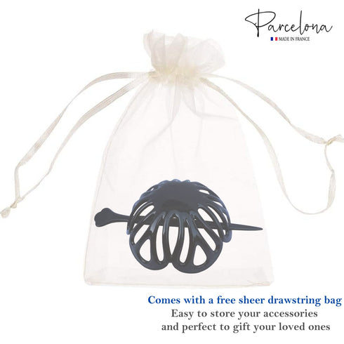 Parcelona Black French Radial Celluloid Hair Slide Pin, 3.5" Bun Cover Ponytail Holder for Women, Made in France