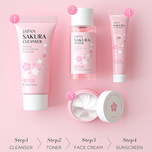 Sakura Travel Skincare Set for Teenage Girls - 4 Piece Gentle Skin Cleaning & Care Travel Size Kit