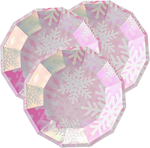 Snowflake Wonderland Party Supplies, Disposable Glitter Iridescent Pink Paper Plates Freezing Winter Tableware