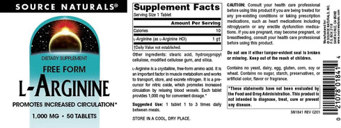 Source Naturals L-Arginine, 1000 mg Free Form, Promotes Increased Circulation, 50 Tablets