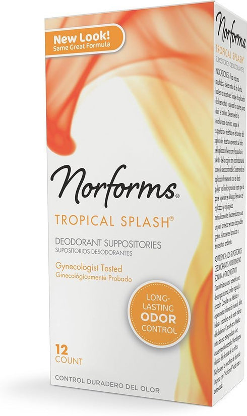 Norforms Feminine Deodorant Suppositories Long Lasting Odor Control Tropical Splash, 12 Count