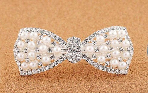 Silver Korean Style Hair Barrettes with Crystal Rhinestones and Butterfly Pearls Hair Clips for Women (1Pcs)