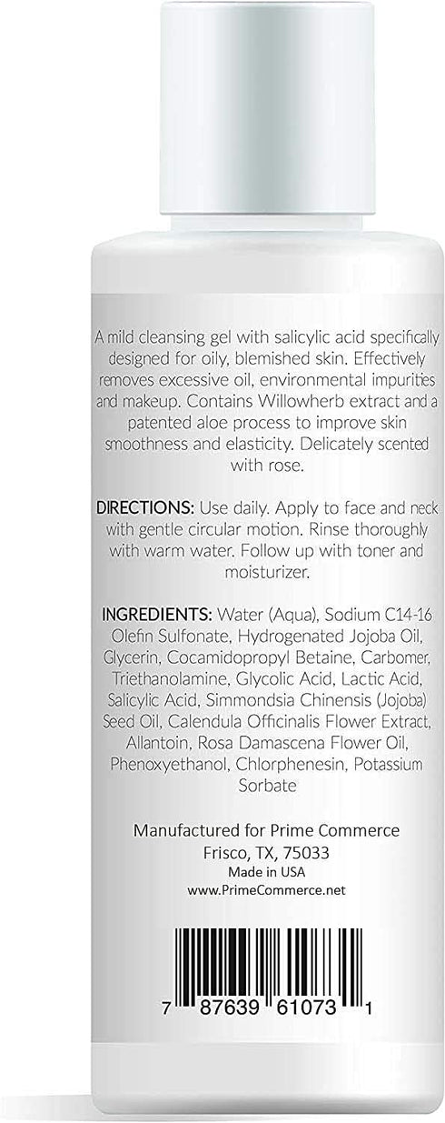 promesse Acne Control Facial Cleanser - Anti-Aging Exfoliating Wash with Organic & Natural Ingredients, Rose-Scented,