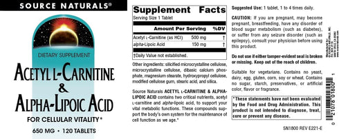 Source Naturals Acetyl L-Carnitine & Alpha-Lipoic Acid 650mg - 120 Tablets