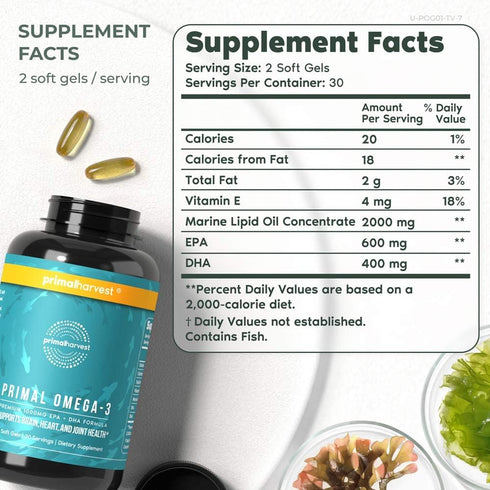 Primal Harvest Omega 3 Fish Oil Supplements, 30 Servings Soft Gels with 1000mg EPA + DHA, No Fishy Burps