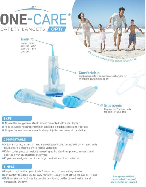 MediVena ONE-CARE Safety Lancets, 30G x 1.5mm, Gentle Pre-Loaded Finger Self Prick Device for Diabetes Testing, 100/Box