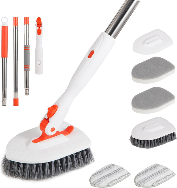 Floor Scrub Brush 3 in 1 - Tub Tile Floor Scrubber with 52 inch Long Handle, Detachable Replacement Brush Heads