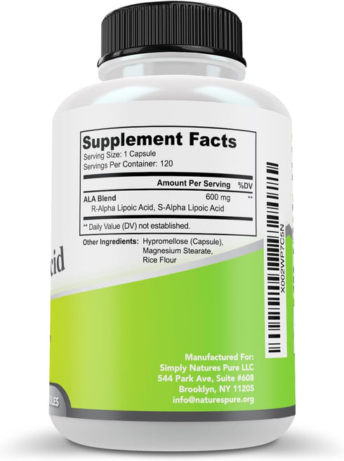Simply Natures Pure Alpha Lipoic Acid 600mg - 120 Veggie Capsules, Non-GMO Thioctic Acid, 4 Month Supply