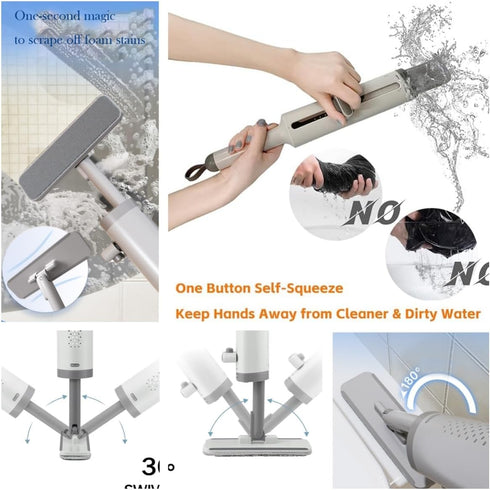Mini Mop for Small Spaces, Portable Self-Squeeze Mop with Crevice Brush, Silicone Squeegee & 2 Reusable Pads