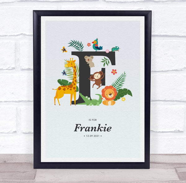 The Card Zoo Jungle Animals Initial F Baby Birth Details Nursery Christening Gift Print
