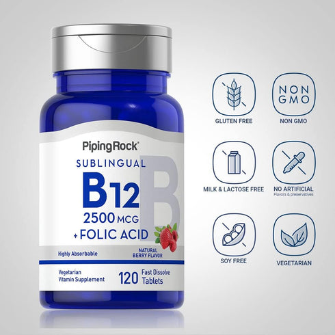 Piping Rock Vitamin B12 Sublingual, 2500 mcg, 120 Tablets, Berry Flavor, with Folic Acid, Vegetarian, Non-GMO, Gluten