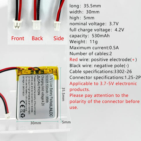 DC 3.7V 530mAh 503035 Rechargeable Lithium Polymer Replacement Battery for DIY 3.7-5V Electronic Product, Mobile Energy Storage Power Supply,Doorbell, LED light