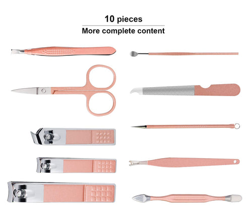 Manicure Set - Travel Mini Nail Clippers Kit with 10pcs Stainless Steel Grooming Tools (Pink)