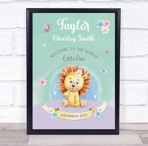 The Card Zoo Lion New Baby Birth Details New-Born Nursery Christening Keepsake Gift Print