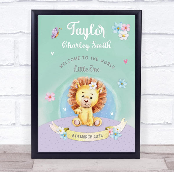The Card Zoo Lion New Baby Birth Details New-Born Nursery Christening Keepsake Gift Print