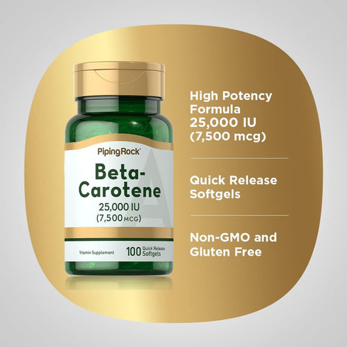 Piping Rock Beta Carotene 25000 IU Softgels, 100 Count, Vitamin A Supplement, Non-GMO, Gluten Free