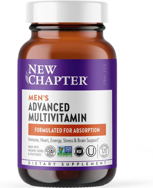 New Chapter Men's Multivitamin Advanced Formula, 120 ct, for Stress, Brain, Immune, Heart & Energy Support, B Vitamins,