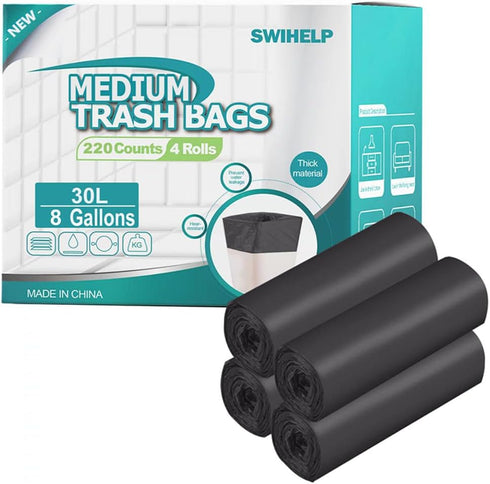 SWIHELP Medium Garbage Bags, 8 Gallon /30 Liter, 220 Count Trash Bags for Bathroom, Bedroom, Office