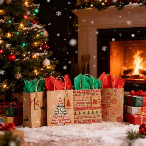 Kiddokids 48 7" 8.65" 3.15", 48 Packaging, Christmas Gift Bags x x Kraft Holiday Wrapping with Tissue Papers, Gift Tags