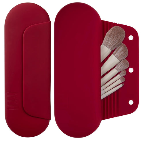 Silicone Makeup Brush Holder Travel Cosmetic Bag, Soft Portable Case with Anti-Fall Out Magnetic Closure, Red