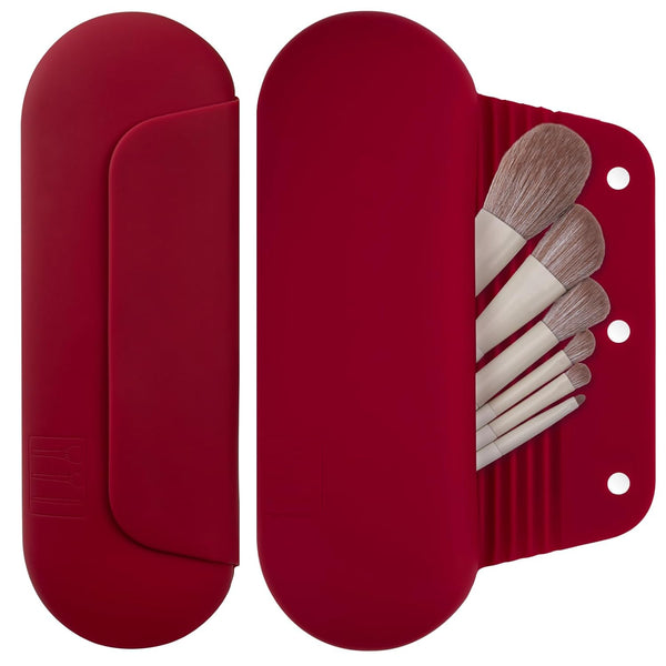 Silicone Makeup Brush Holder Travel Cosmetic Bag, Soft Portable Case with Anti-Fall Out Magnetic Closure, Red