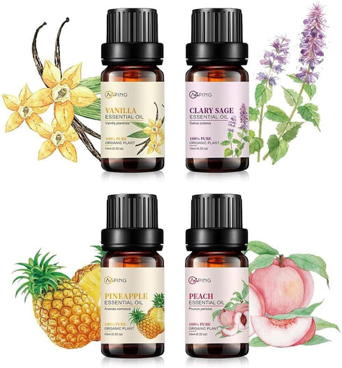 Essential Oil Set: Vanilla, Pineapple, Peach, Clary Sage, 4x10ML Organic 100% Pure Plant Oil for Diffuser, Spa, Massage