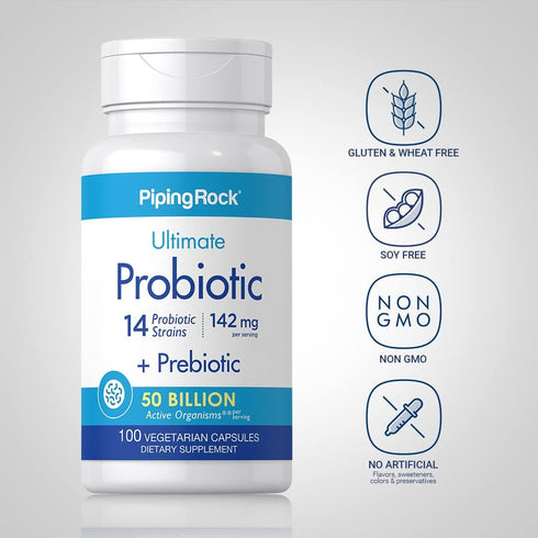 Piping Rock Probiotics with Prebiotics, 100 Vegetarian Capsules, 50 Billion Organisms, 14 Strains, Non-GMO, Gluten Free