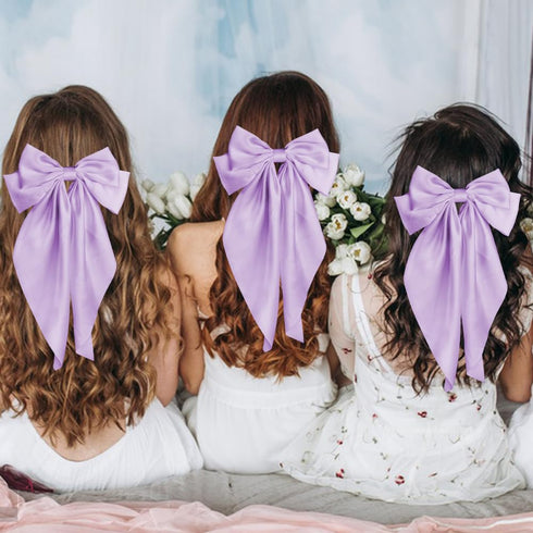 Pufandor Hair Bow Silky Satin Ribbons for Women, Purple Hair Bowknot Barrettes with Clips, Big Hair Accessories