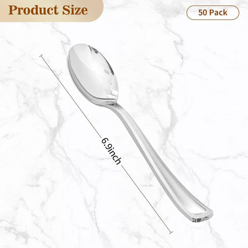50 Pack 6.9 Inch Silver Plastic Spoons, Heavy Duty Plastic Silverware, Heavyweight Silver Disposable Spoons, Disposable Serving Utensils for Catering, Parties, Dinners, Weddings