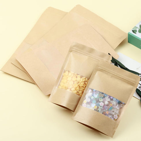 150 Kraft Mylar Bags for Food Storage, 6X9 Mylar Bags with Window, Resealable Bags for Small Business Packaging