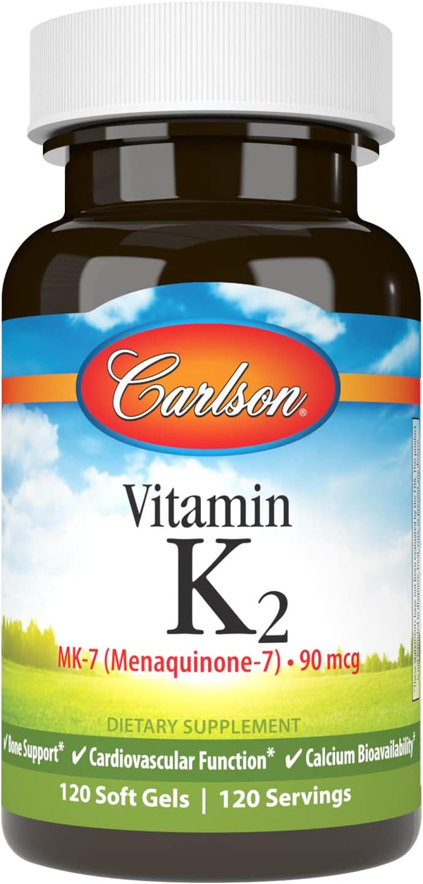 Carlson Vitamin K2 MK-7 (Menaquinone) - 90 mcg, Bone Support, 120 Softgels