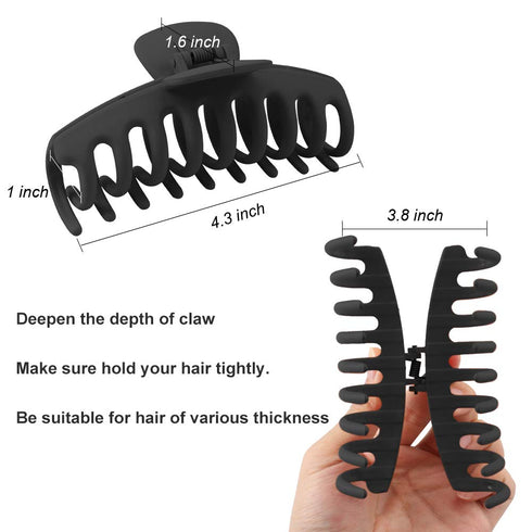 WHAVEL 6PCS Matte Plastic Large Black Hair Claw Clips, Non-slip Jaw Clips for Thick Hair, Women and Girls