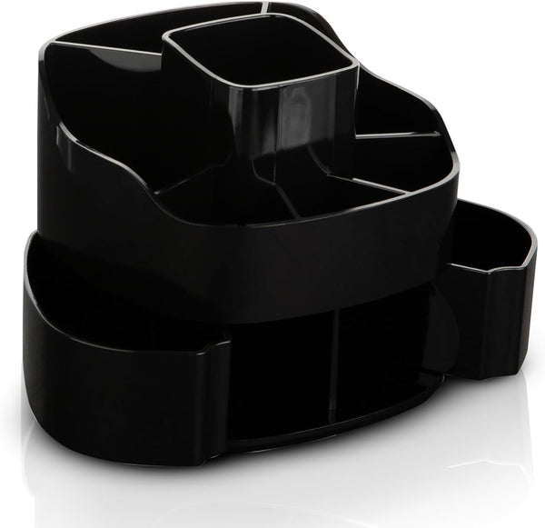 Masirs Small Rotating Makeup Organizer, Mini Cosmetic Storage Solution with Multiple Compartments, Square - Black