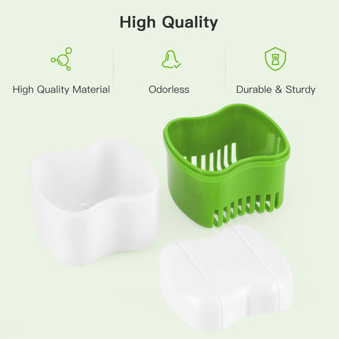 Denture Cup Bath Box Case with Strainer, Dental Retainer Cleaning Container, Light Green