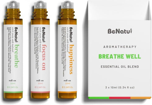 Set Benatu Essential Oil Blends (Breathe, Focus on, Happiness), Natural Aromatherapy Roll On for Massage, Body Skin