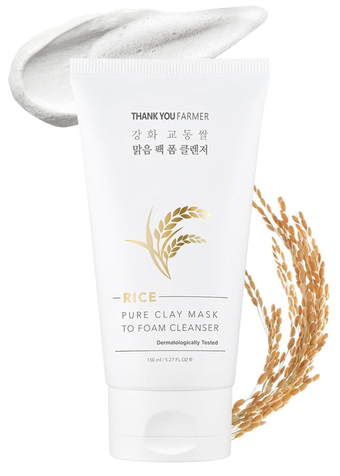 THANKYOU FARMER Rice Pure 2-IN-1 Korean Clay Mask to Foam Cleanser 5.27 fl.oz, Removes Excess Oil & Dead Skin Cells