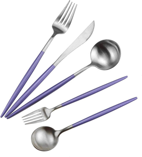 Gugrida Luxury Flatware, Royal 5 Piece Matte Purple Handle 18/10 Stainless Steel Tableware Set for 1, Camping Utensils
