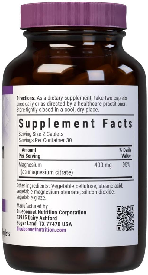 Bluebonnet Nutrition Magnesium Citrate 400mg, 60 Caplets, Maximum Absorption, Vegan, Gluten-Free