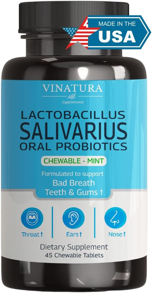 Lactobacillus Salivarius Oral Probiotics - 45 Chewable Mint Tablets for Bad Breath, Dental Health for Teeth, Gums,