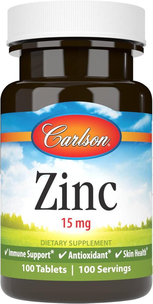 Carlson Zinc Supplement 100 Tablets, 15 mg Zinc Gluconate, Immune Support & Skin Health, Antioxidant