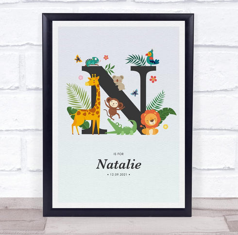 The Card Zoo Jungle Animals Initial N Baby Birth Details Nursery Christening Gift Print