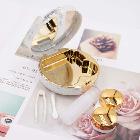 Honbay Fashion Marble Contact Lens Case, Portable Box Kit with Mirror (Round) (Gold)