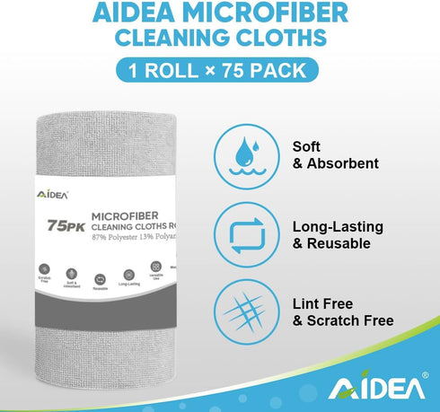 AIDEA Grey Microfiber Cleaning Cloth Roll | 75PK | Reusable Paper Towels, Washable Shop Rags
