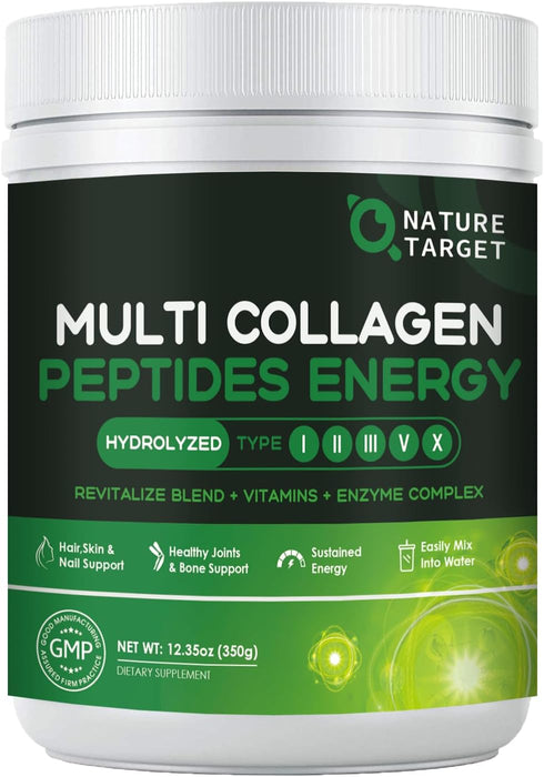 NATURE TARGET Multi-Collagen-Peptides-Powder, Hydrolyzed Collagen with Energy Blend & Multivitamins, 35 Servings
