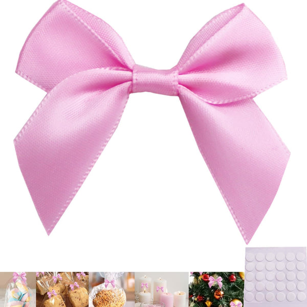 30 Pack Mini Satin Ribbon Bows with Glue Point, Fabric Ribbon Gift Bow for DIY Crafts (Pink)