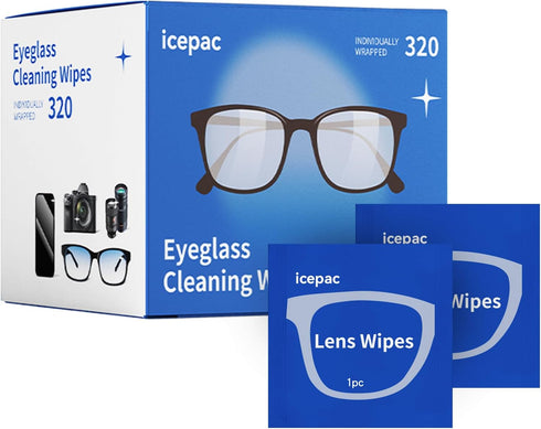 icepac Glasses Wipes Lens Cleaner- 320 Pre-Moistened Individual Wrapped Eye Glasses Cleaning Wipes