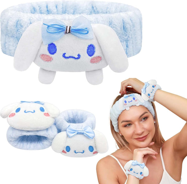Kawaii Spa Headband and Wristband Set for Face Washing, Soft Skincare Headbands for Women Girls, Fluffy Makeup