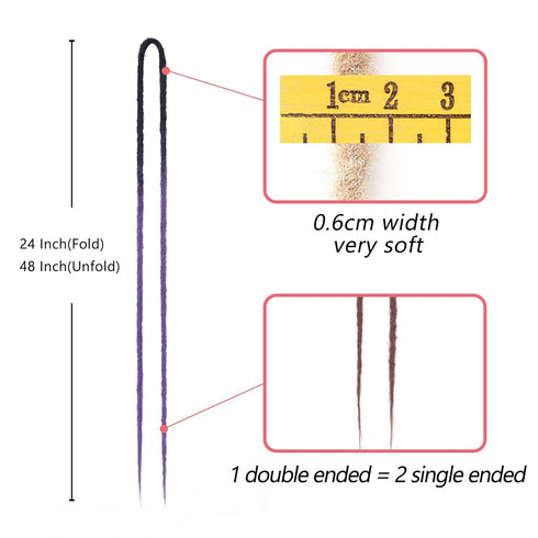 Leeven 24 Inch Synthetic Double Ended Dreadlock Extensions, Black to Purple Thin DE Dreads, 10 Strands Handmade for