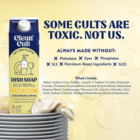 Cleancult Dish Soap Liquid Refills, 32oz, 1 Pack, Eco Refill, Lemon Verbena, Cuts Grease & Grime